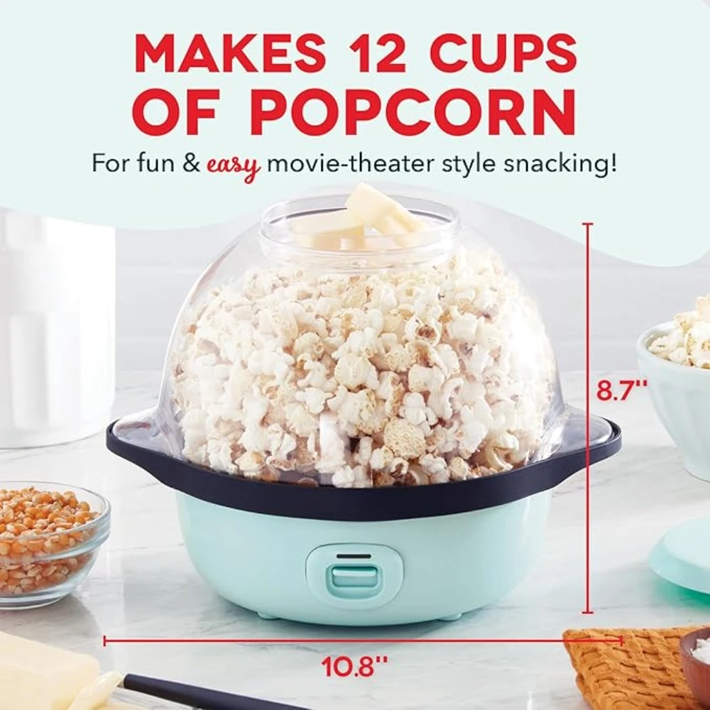 3Qt Manual Popcorn Machine with Large Lid, 12 Cups Hot Oil Electric  for Serving Bowl & Built-in Measuring Cups, Popcorn Maker