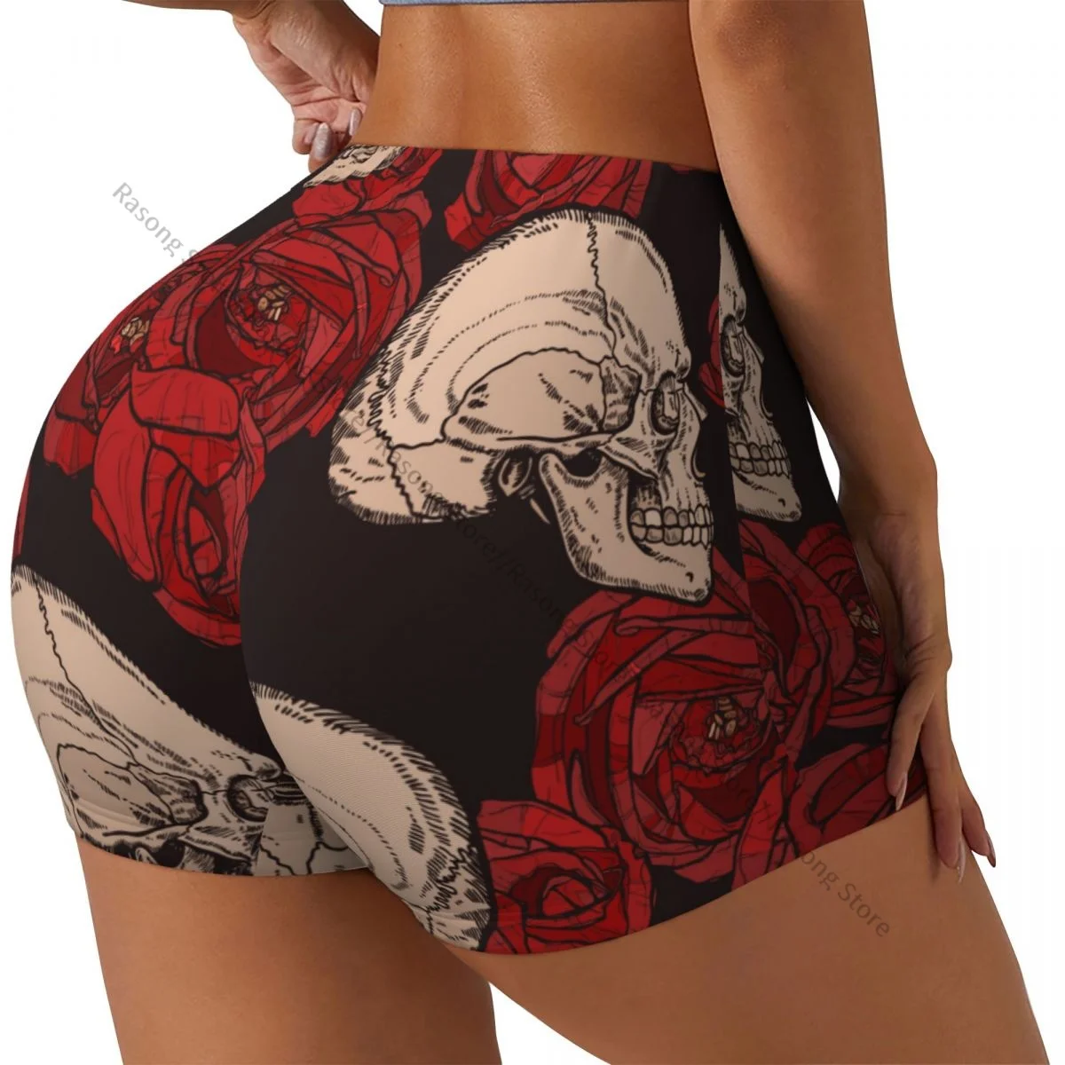 Sexy tight hip sports shorts Gothic Pattern With Skulls And Red Roses fitness women's comfortable yoga shorts