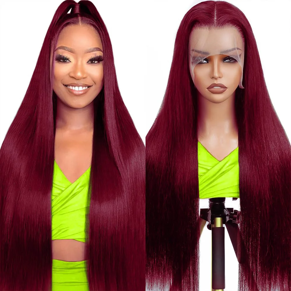 

99J Burgundy Bone Straight Transparent Lace Wig 13x4 13x6 HD Lace Front Human Hair Wig Pre-Plucked 18-40 Inch Brazilian Hair Wig