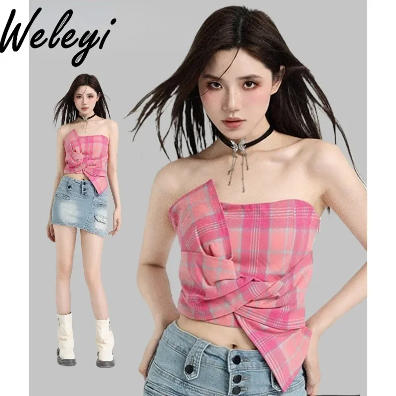 

Dopamine Pink Chest Wrapped Camisole Woman Summer Clothes Hot Girl Streetwear with Chest Pad Tube Short Type Outer Wear Slim Top