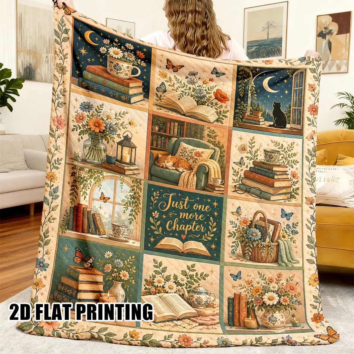 Bookish Throw Blanket Vintage Reading Floral Butterfly Patchwork Print Soft Flannel for Living Room Couch Reader Decor Gift