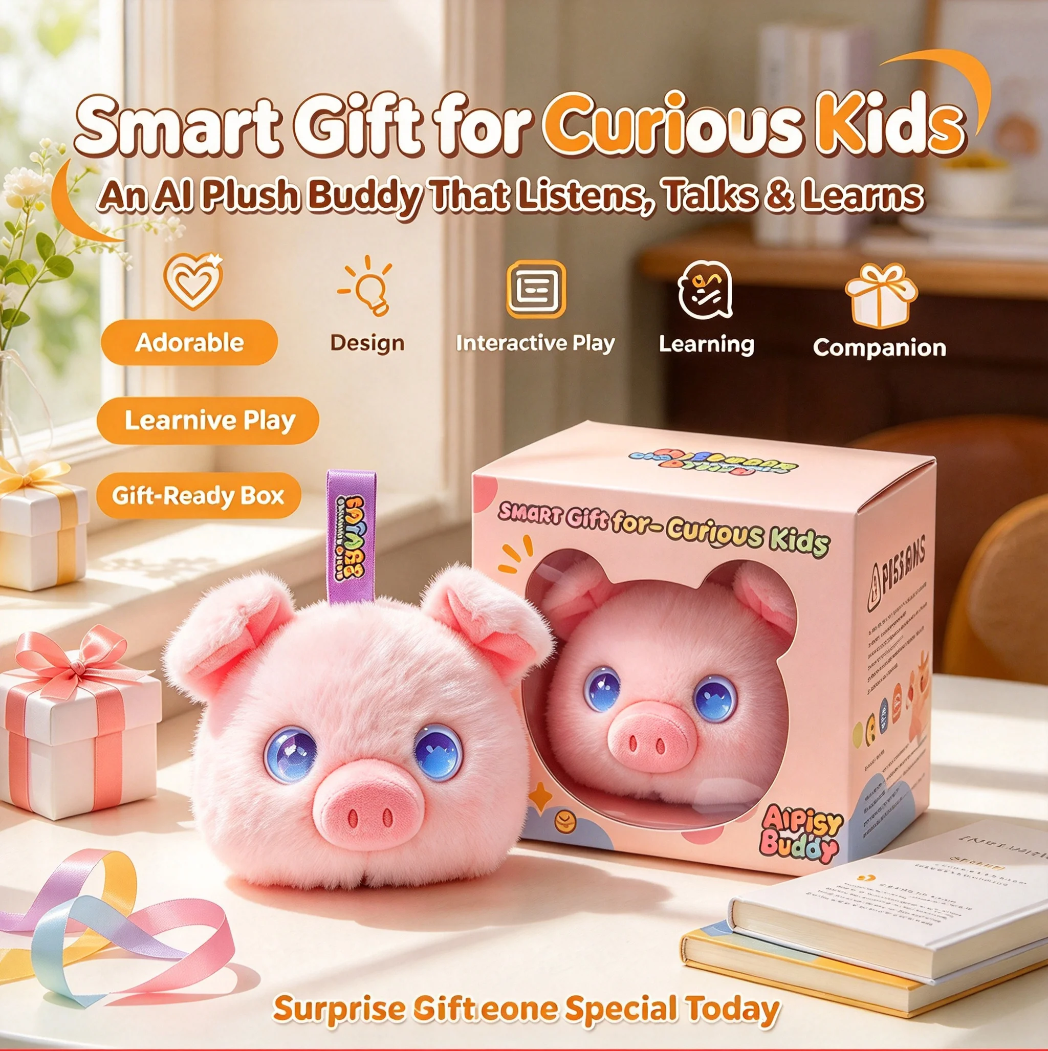 AI Desk Buddy Pig Interactive Plush Toy Touch Sensing Chat Early Learning Companion Type-C Rechargeable Kids Smart AI Pal