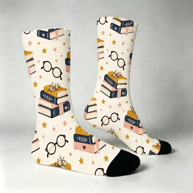 A Pair of Crew-cut Hosiery Featuring Book Stack and Glasses Print, Vintage Literary Inspired Pattern with Aesthetic Stars Soft