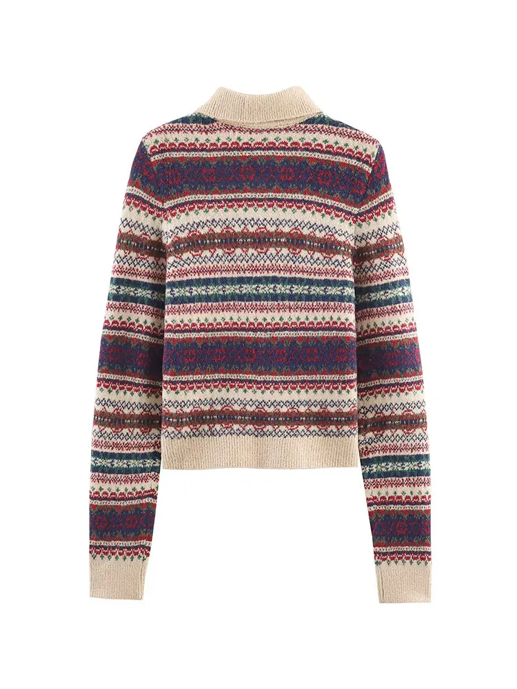 Nlzgmsj الخريف المرأة محبوك معطف موضة كم طويل زر شريط طباعة سترة مشغولة من الصوف المرأة أنيقة خمر معاطف قصيرة