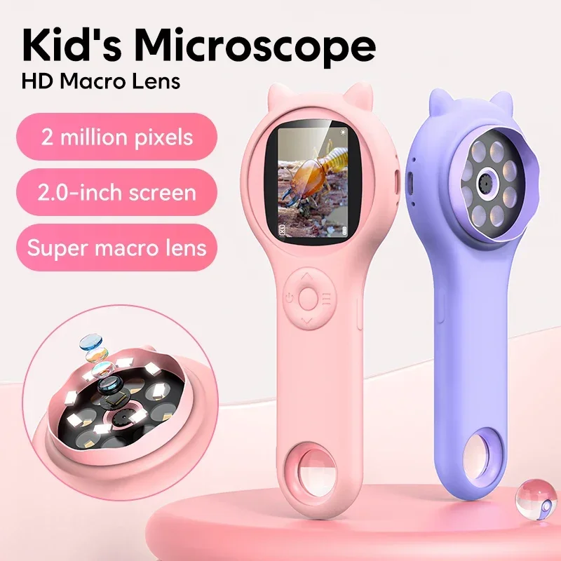 Microscope for Kids,500x Pocket Handheld Microscope Magnifying Glass with Light,2in IPS Screen, Educational Science Kit Toys