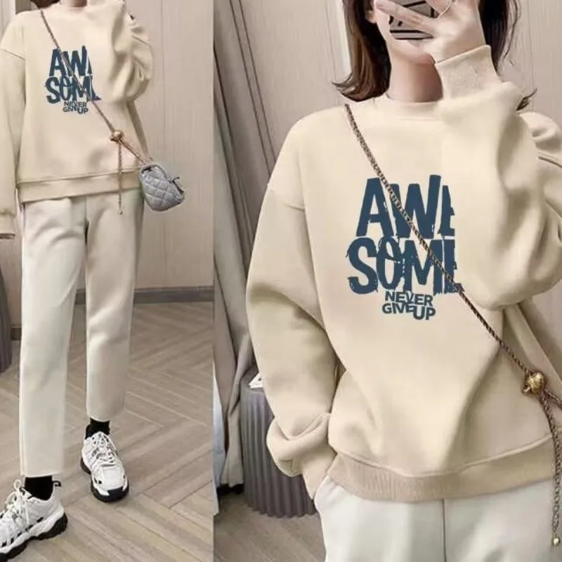 

Autumn and Winter Women's Round Neck Pullover Solid Color Letter Printing Pure Cotton T-shirt Sweater Fashion Loose Sweatshirts