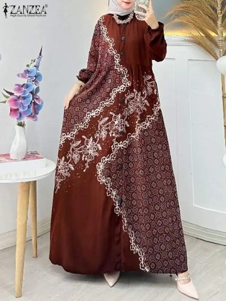 ZANZEA Elegant Ethnic Print Long Dresses Islamic Muslim Fashion Long Sleeve O Neck Abaya Robes 2024 Autumn Women Maxi Vestidos