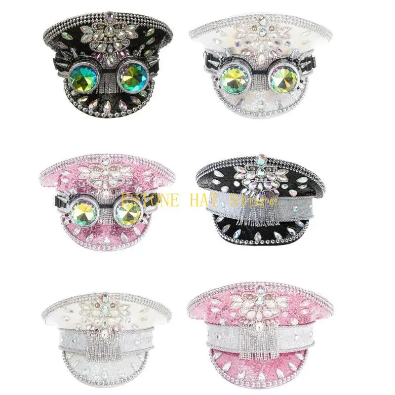 49mf-heavy-crystals-captain-hat-with-beaded-sequins-diamond-and-a-pair-of-green-goggles-for-bachelorette-party-dancing
