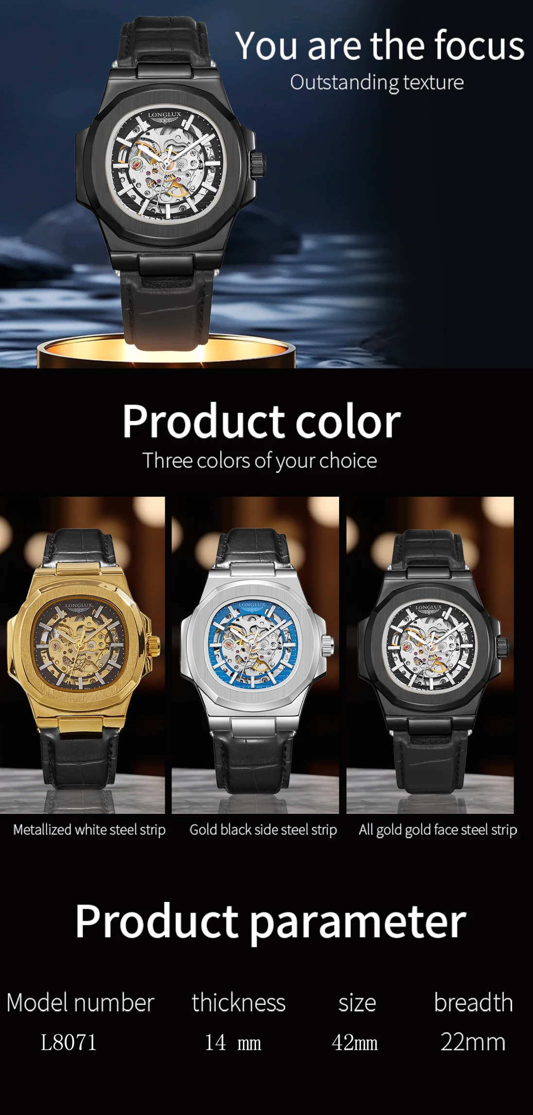 LONGLUX Automatic Mechanical Watch Outdoors Simple Luxury Watches Waterproof Cheap Wholesale Skeleton Leather Mens Watch Gift