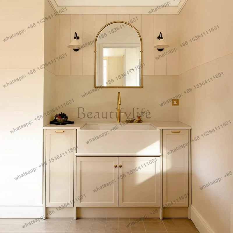 

Cream wind floor bathroom cabinet bathroom cabinet integrated basin solid wood washstand light luxury washbasin combination