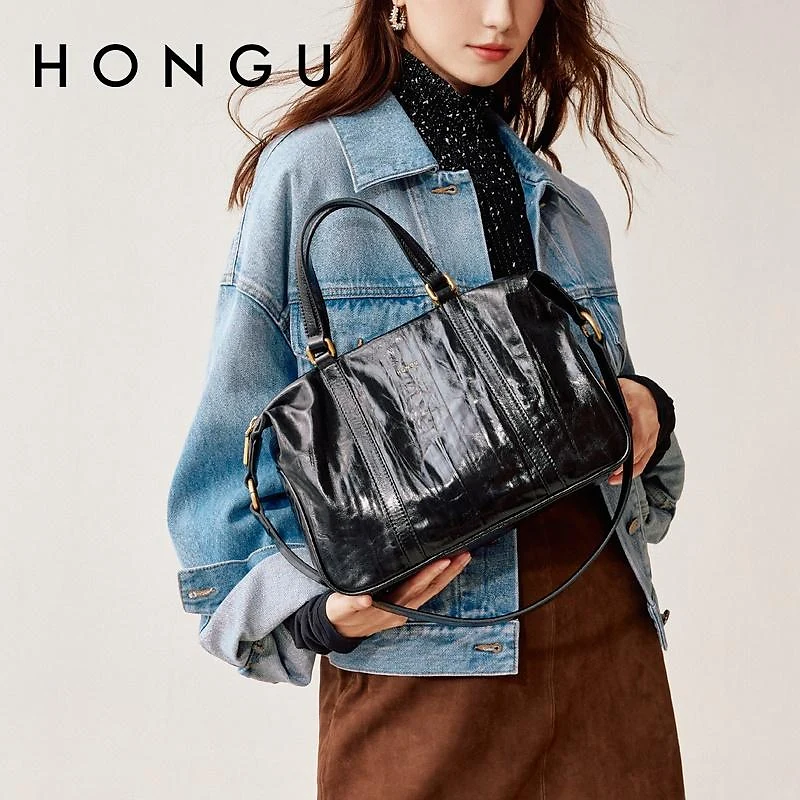 

HONGU Luxury Black Handbag for Women 2025 Summer Spacious Tote Golded Buckles Material Elegant Korean Popular Bag H51456132