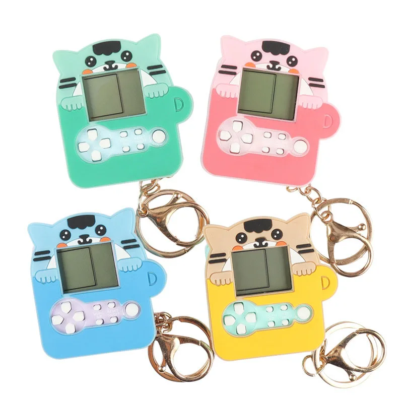 Mini Handheld Game Console Plastic Portable Creative Puzzle Machine with Multiple Games Soft Kitten Backpack Keychain