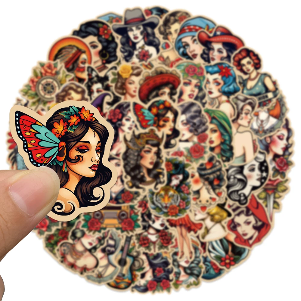 50pcs Vintage American Style Pretty Ladies Stickers Decals For Laptop Skateboard Suitcase Guitar Aesthetic Waterproof Stickers