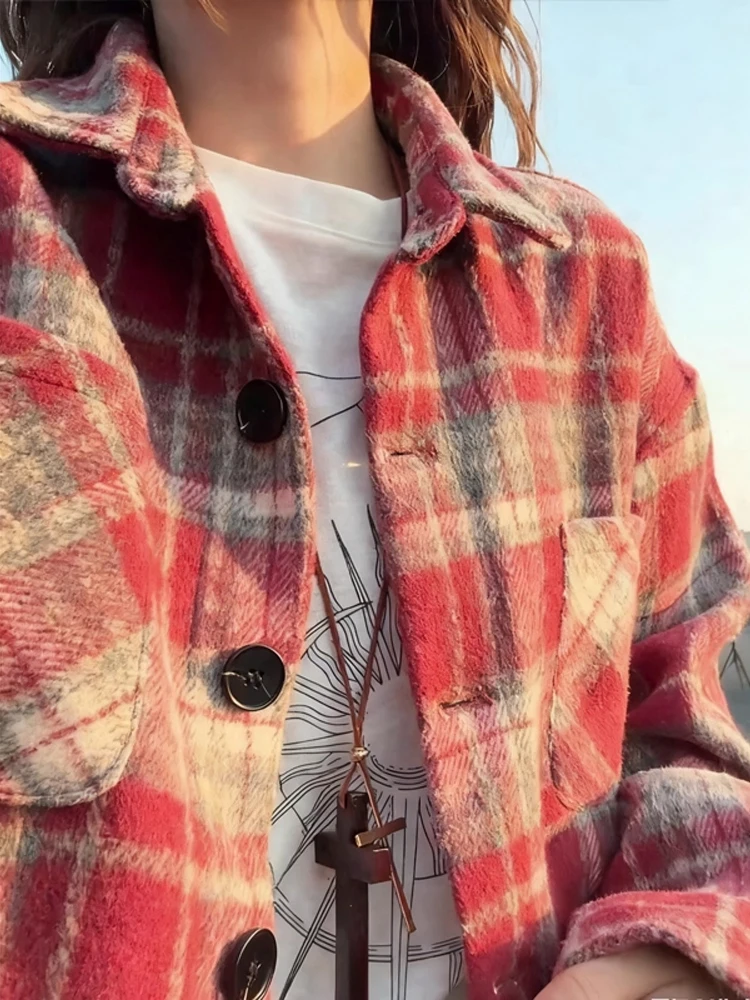 

Красная клетчатая мужская рубашка из американского фланелевого флиса с начесом, весенняя, повседневная, стандартного кроя, с длинным рукавом, на пуговицах