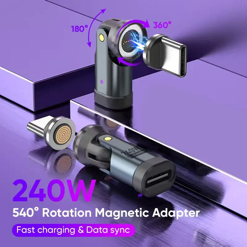 PD240W Magnetic USB C Adapter,9-Pin 540° Rotation Swivel Right Angle 90 Degree Connector,for iPhone 17 16/Samsung Galaxy S25 S24