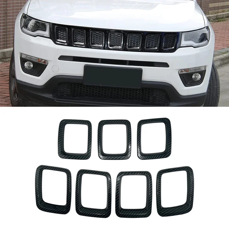 

7PCS Car Carbon Fiber Grille Inserts ABS Front Grill Cover Frame Trims Kit For Jeep Compass MP 2017-2020 Exterior Accessories