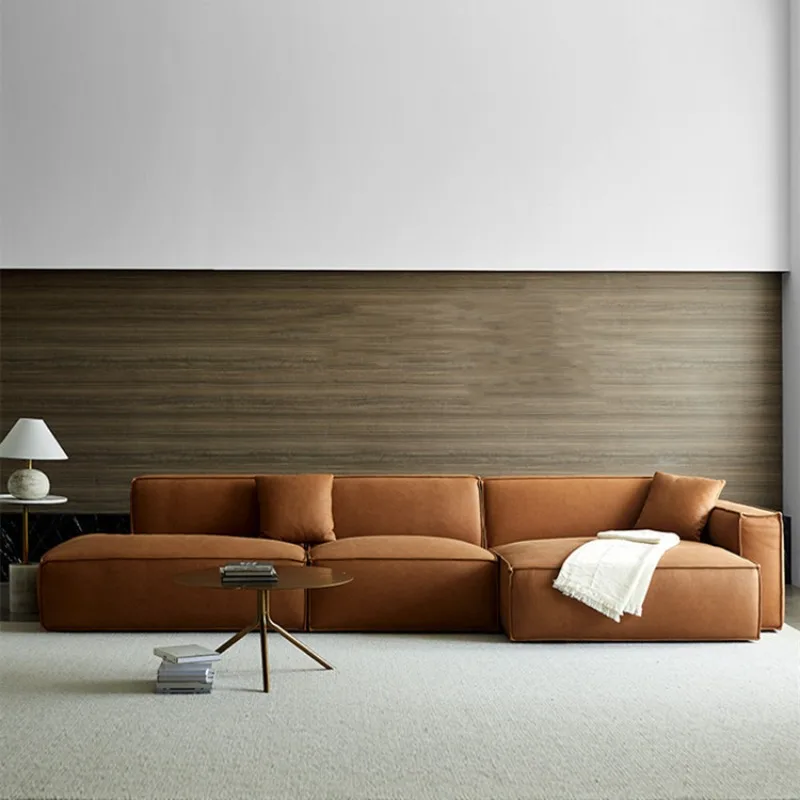 Italian minimalist tofu block first layer cowhide sofa