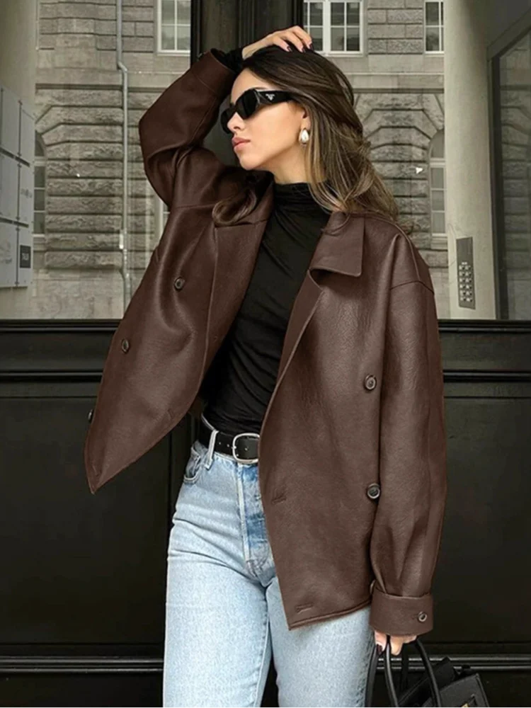 

Double Breasted Solid Leather Jacket Women Casual Lapel V-neck Full Sleeve Loose Short Jackets 2026 Lady Daily Commute Outwear