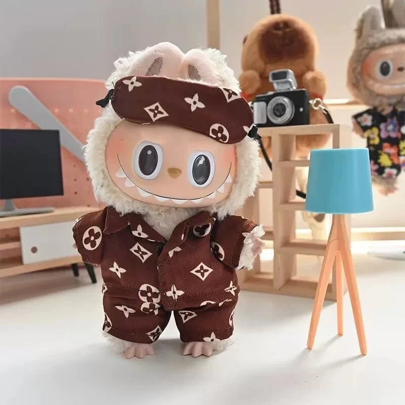 15 17 cm Für Labubu Puppe Retro Muster Pyjamas Mit Augen Maske Drei-Stück Outfit Kleidung Mode Schuhe Set kleidung Zubehör