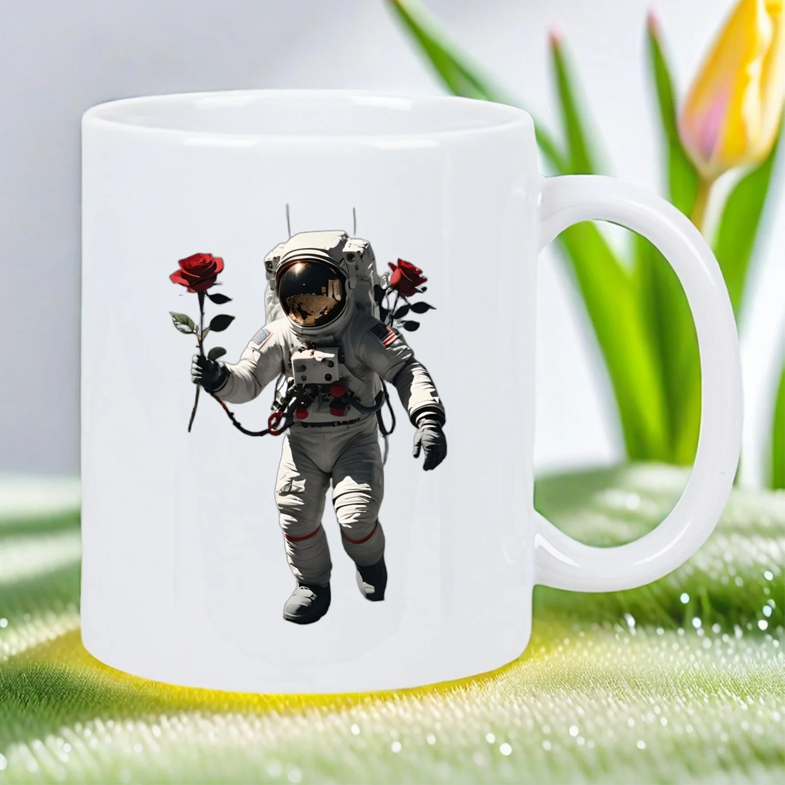 

Astronaut with Roses Ceramic Mug - Hand Wash Only, Reusable, Perfect for Space Enthusiasts and Romantic Mornings, Ideal for