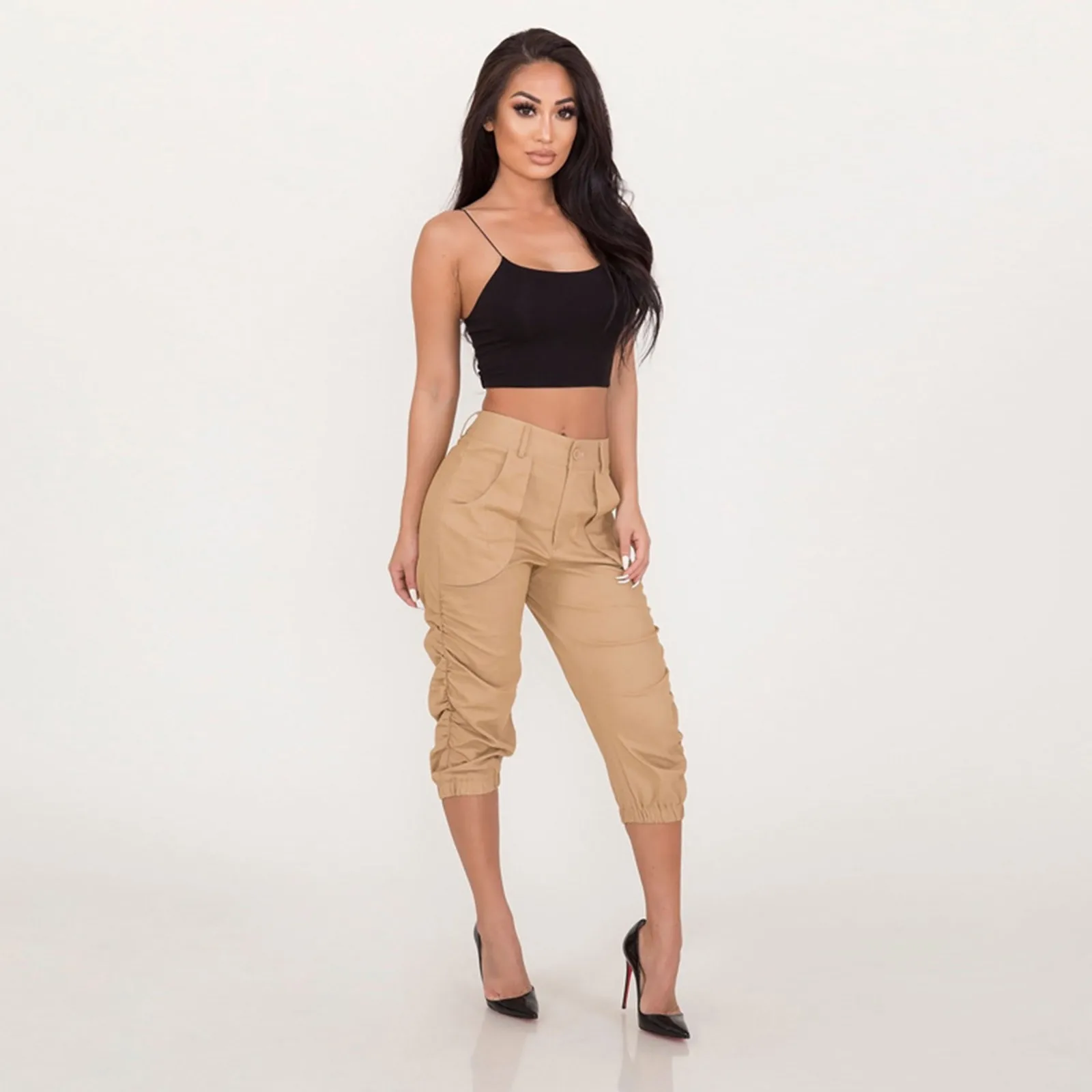 

Fashion Woman's Pant 2024 Summer Cropped Cargo Solid Color Cropped Trousers Harem Jogging Beam Foot Fitness Pocket Loose Pants