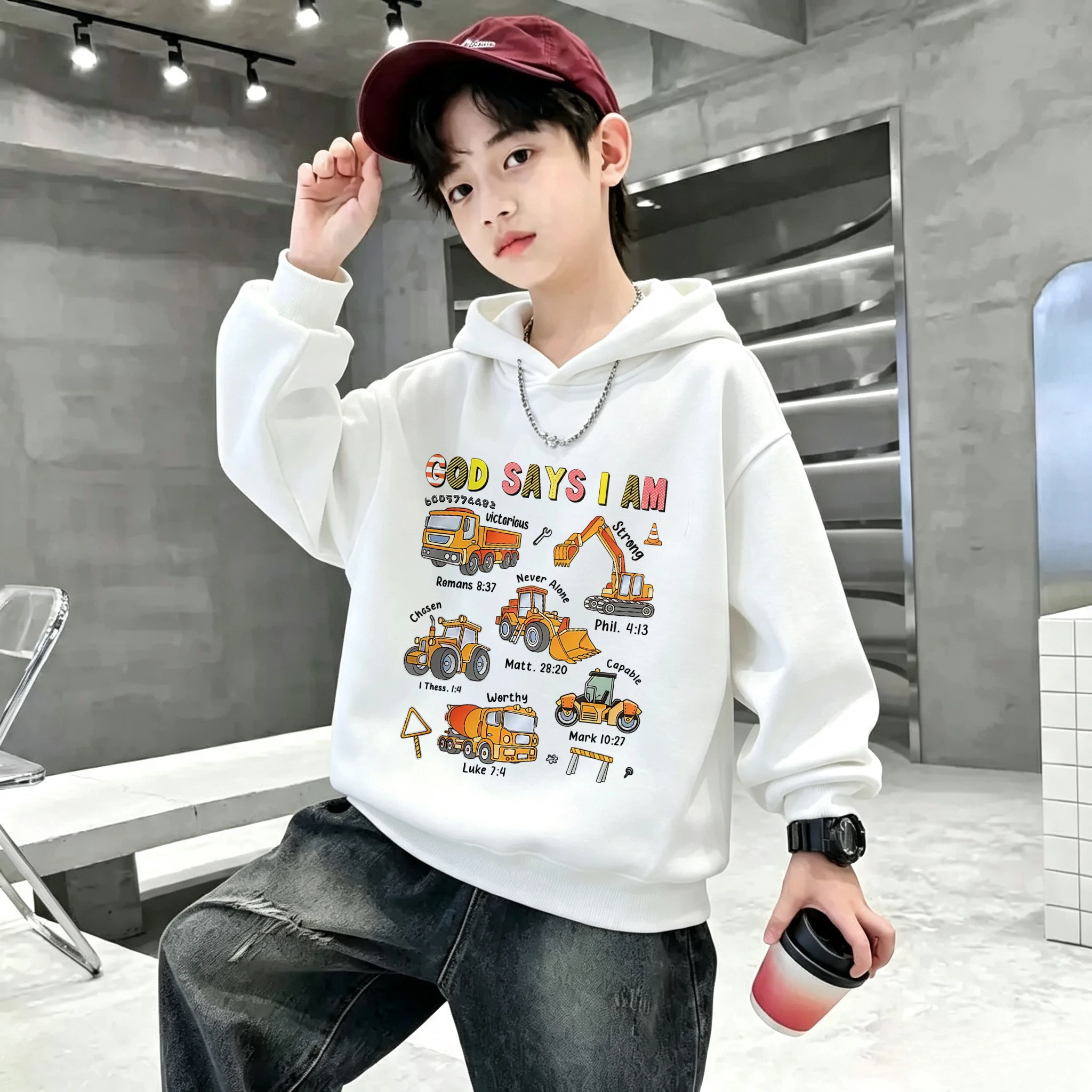 Building Vehicles Cartoon Kids Hoodie - Bible Text - Christian 