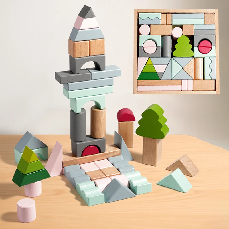 Children Wooden Building Block Stacking Block 43pcs Baby Early Educational Preschool Toy for Children