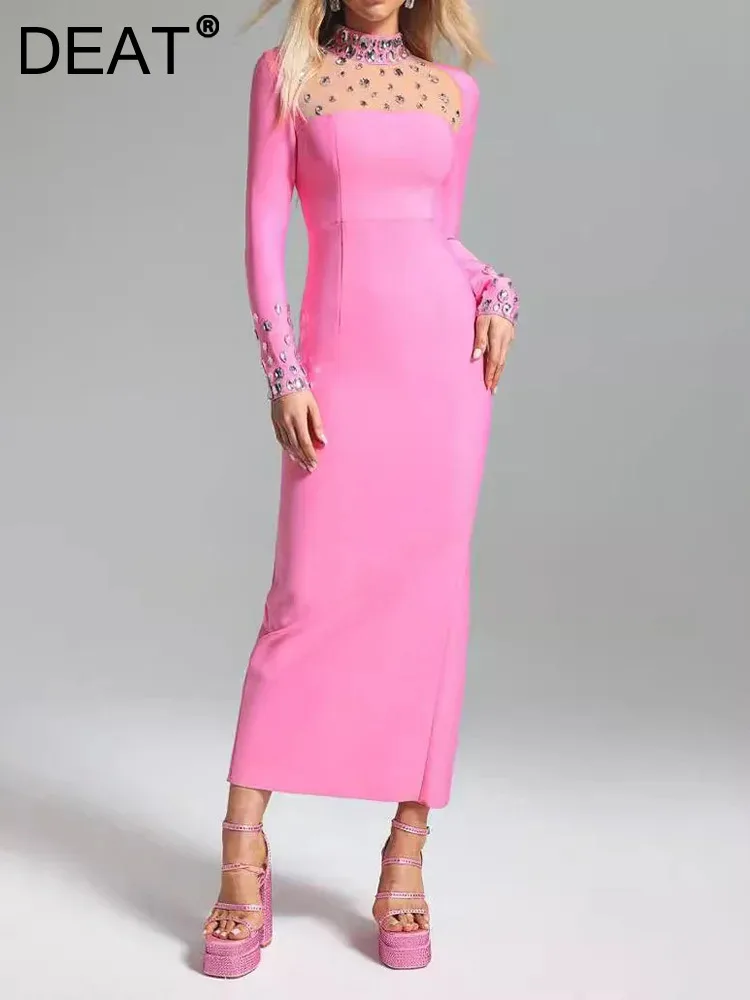 

DEAT Elegant Dress Diamond Gauze Patchwork Split Slim Waist Zip Women's Evening Party Dresses 2024 Autumn New Fashion 35Z874