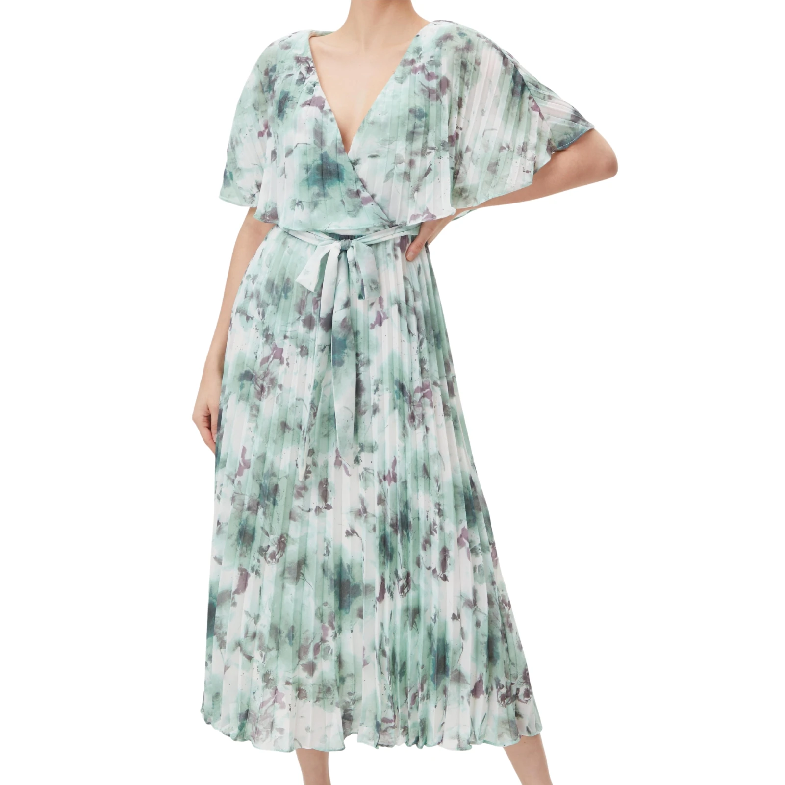 

New Long Sleeved Green V-neck Chiffon Floral Dress for Spring and Summer 2024 Women's Dress Floral Dress Beach Skirt