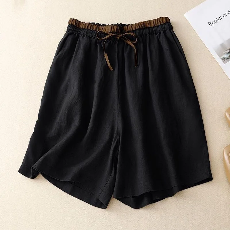 

2024 Summer New Women's Spliced High Waist Elastic Drawstring Pockets Color Fashion Loose All-match Casual Knee Pants Shorts