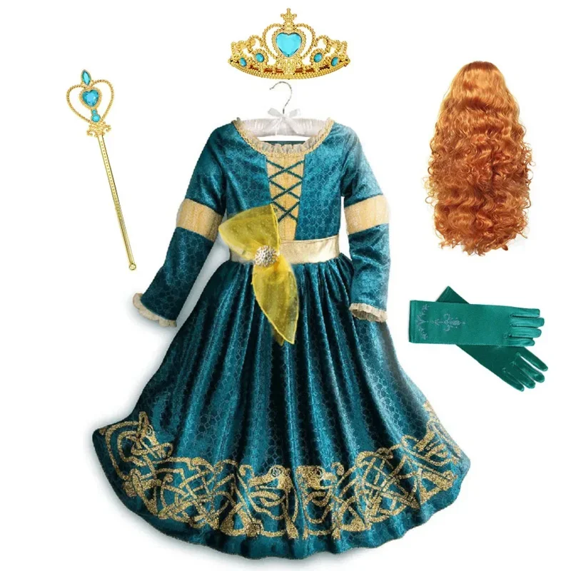 Inspirado en la película de dibujos animados, vestidos de princesa Merida valiente para niñas, disfraz de Cosplay de Halloween para niños de Mérida del Reino de Escocia elegante