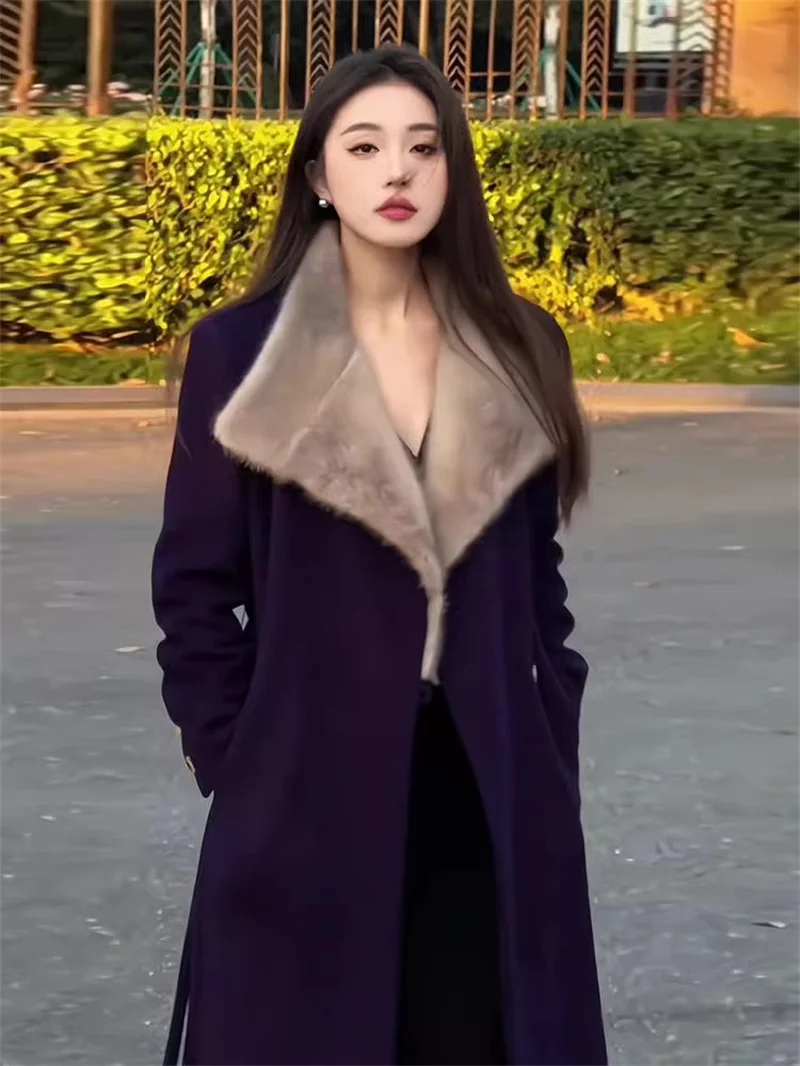 

Retro Elegant Temperament Purple Woolen Coat for Women 2024 Winter New Slim fit Slimming Mid Length Woolen Coat for Commuting WF