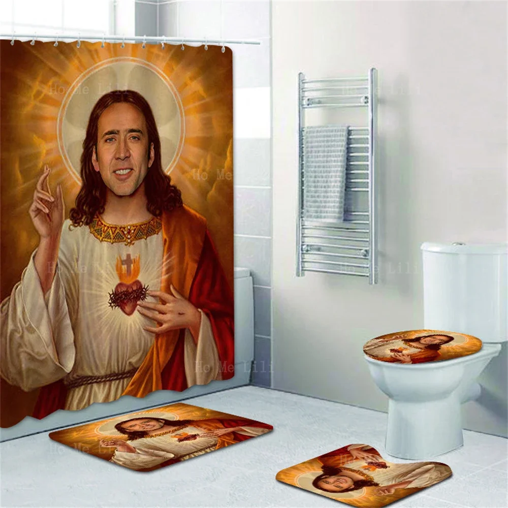 Sacred Heart of Nicolas Cage Saint Cool Jesus Shower Curtain Floor Mat Four-Piece Set