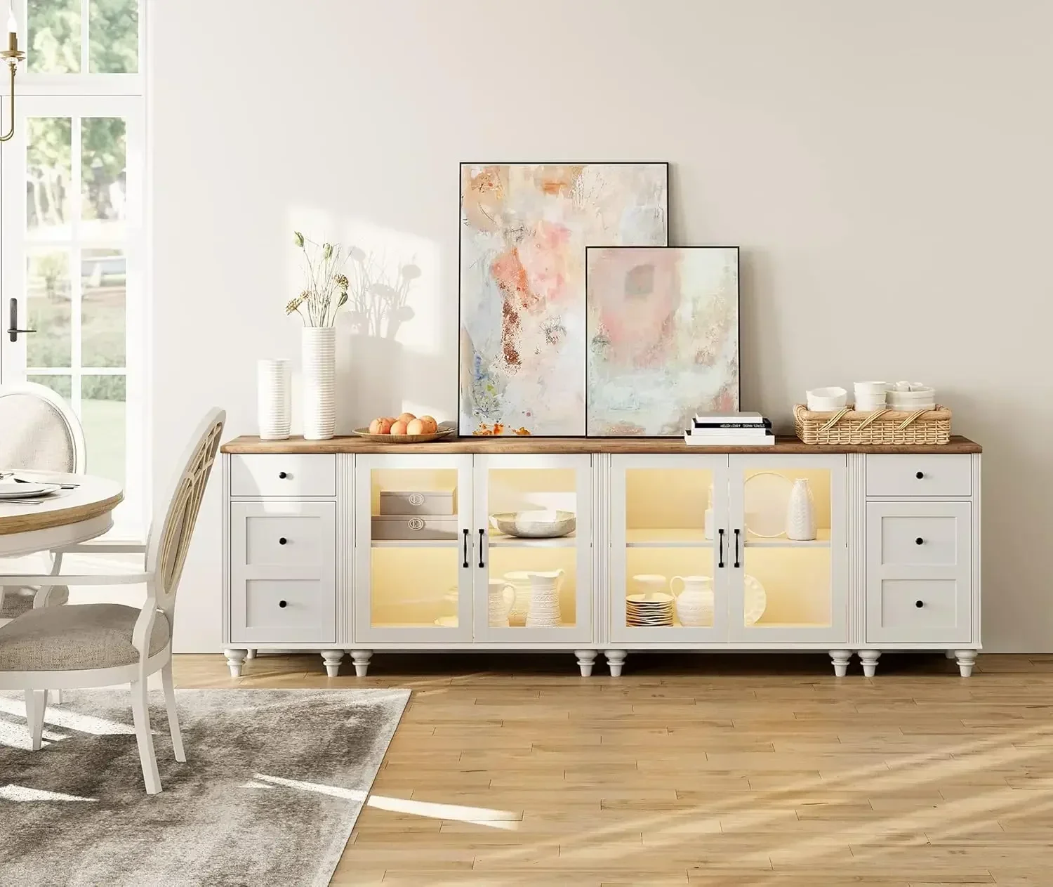 

Kitchen Buffet Sideboard Cabinet with 4 Glass Door, Mid-Century Cupboard & End Table with Charging Station, 4-in-1 Console Table