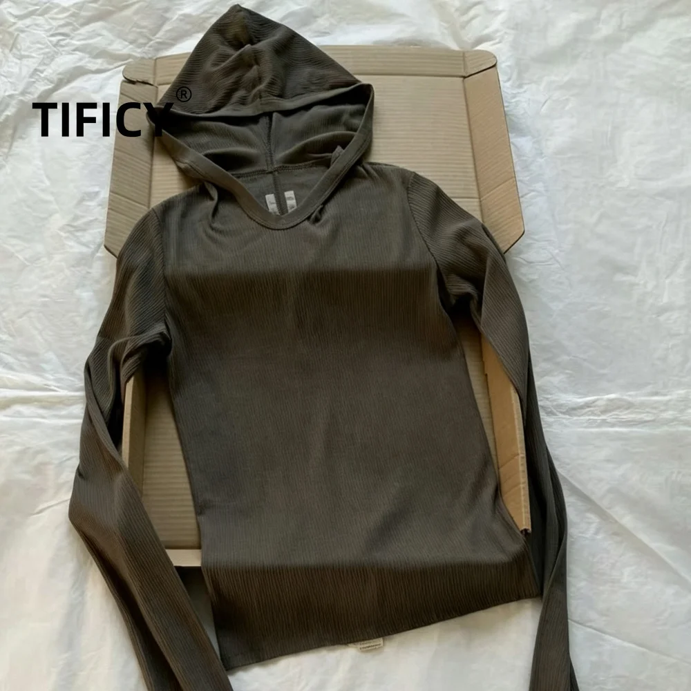 High Street RO Hooed T-shirt Women's Dark Spring New Item Micro Transparent Ribbed Knitted Base Hooded Long Sleeved Tshrts