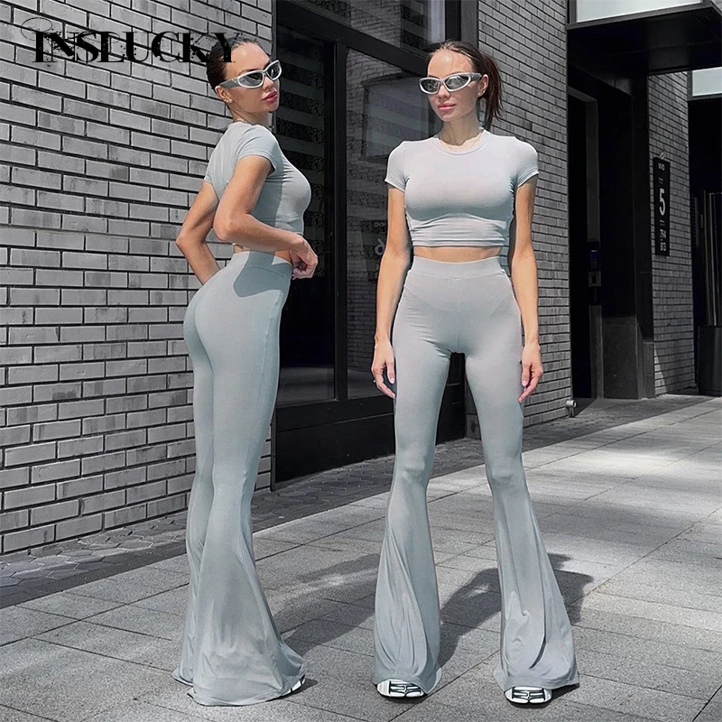 

InsLucky Casual Sports Solid 2 Piece Set High Waist Flare Pants Trousers And Skinny O Neck Base Crop Top Suit Summer Streetwear