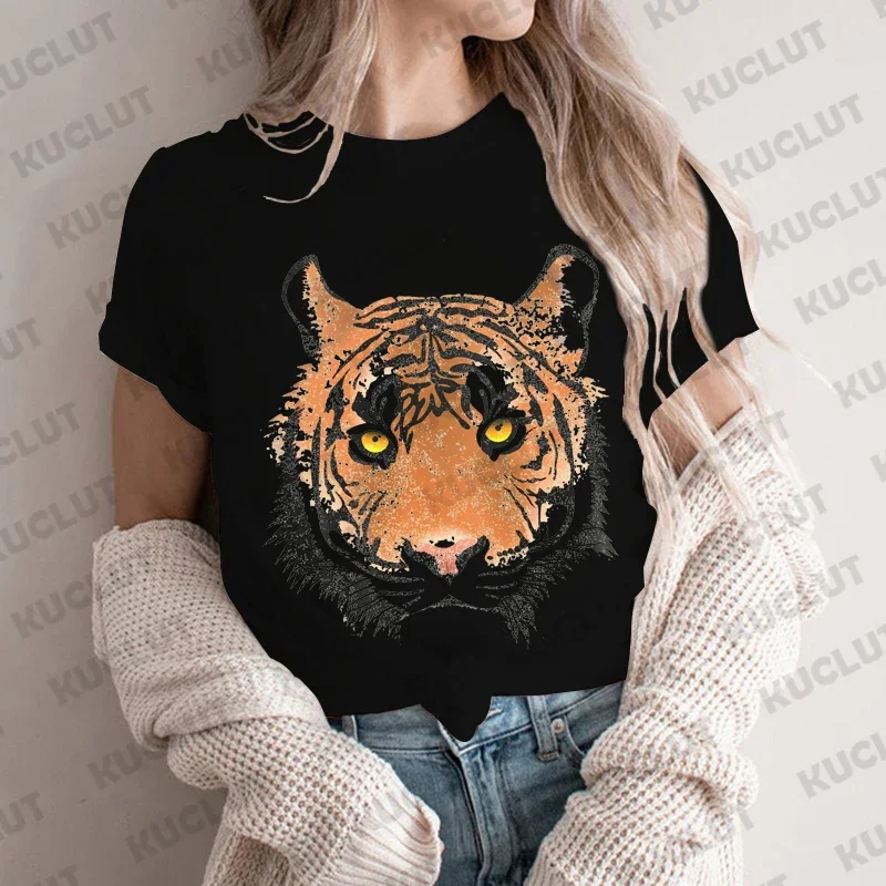 Short Sleeve Casual Ladies Fashion Female T-shirt Tropical Jungle Vintage Graphic Tee Women Grunge Tiger Print Summer T Clothing