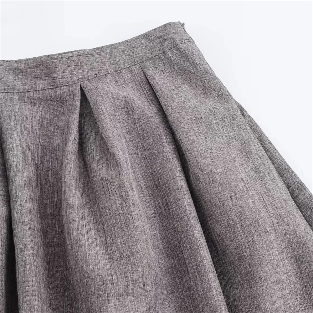 ZA 2024 Women\'s Gray Pleated Umbrella Skirt, Mid Length, Casual, College Style, Temperament, Autumn, New Item