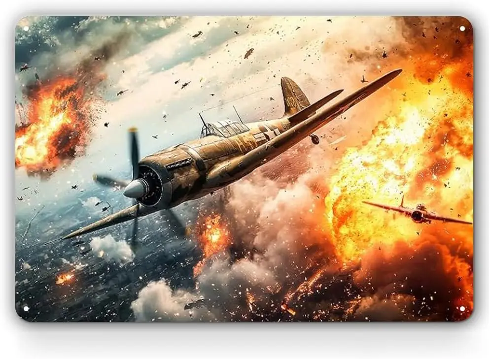 in Aerial Warfare Tin Sign - WWII Fighter Plane Air Battle - Military History Wall Hanging--Tin Sign