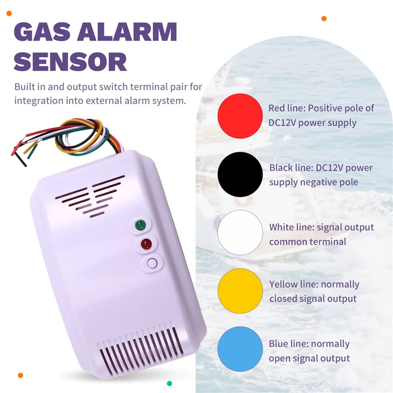 LPG 12V 가스 경보 센서 프로판 부탄 누출 감지기 RV 캠핑 해양 안전을위한 방수 LED 플래시 소리 경고