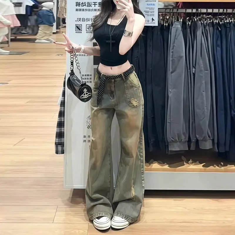 

Синие джинсы с высокой талией и широкими штанинами, женские длинные брюки свободного покроя High Street Sle Commute Faion, летние тонкие джинсы