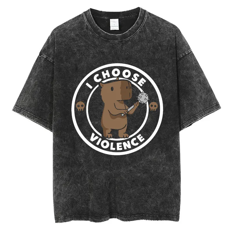 Chat drôle Meme populaire court drôle je choisis Violence lavé t-shirt manches hommes femmes surdimensionné décontracté coton t-shirts Streetwear