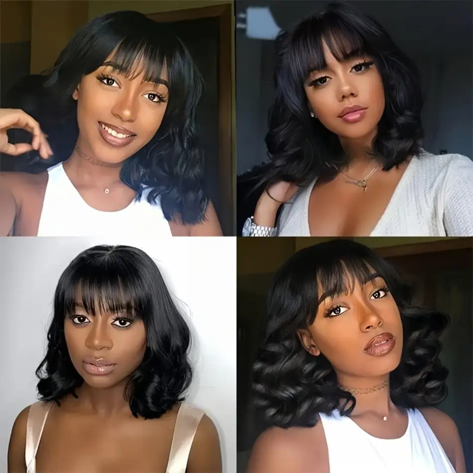 Short Bob Body Wave Wigs Human Hair Wig With Bangs 3X1 Middle Part Lace Wig 180% Density Brazilian Fringe Bob Wigs For Women