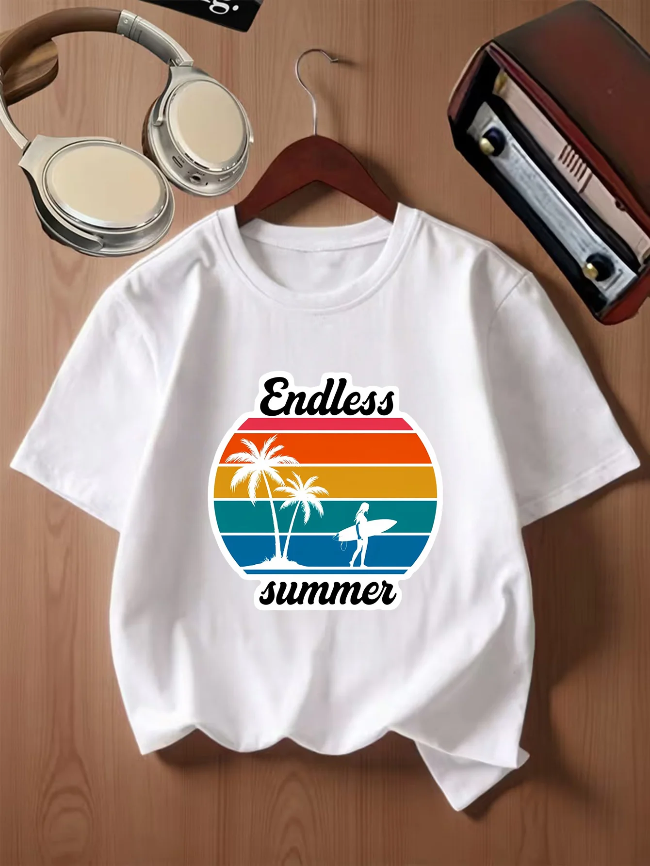 Endless Summer Retro Rainbow Palm Tree Surfer Girl Graphic Kids T Shirt Boys Girls Family Matching Summer Crew Neck Casual Tee