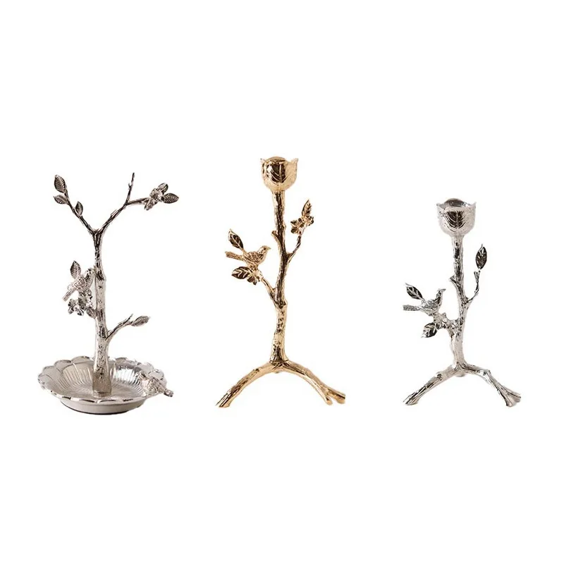 Creative light  gold silver bird branch candle holder jewelry plate leaf plate high-end metal photo frame decorative ornam