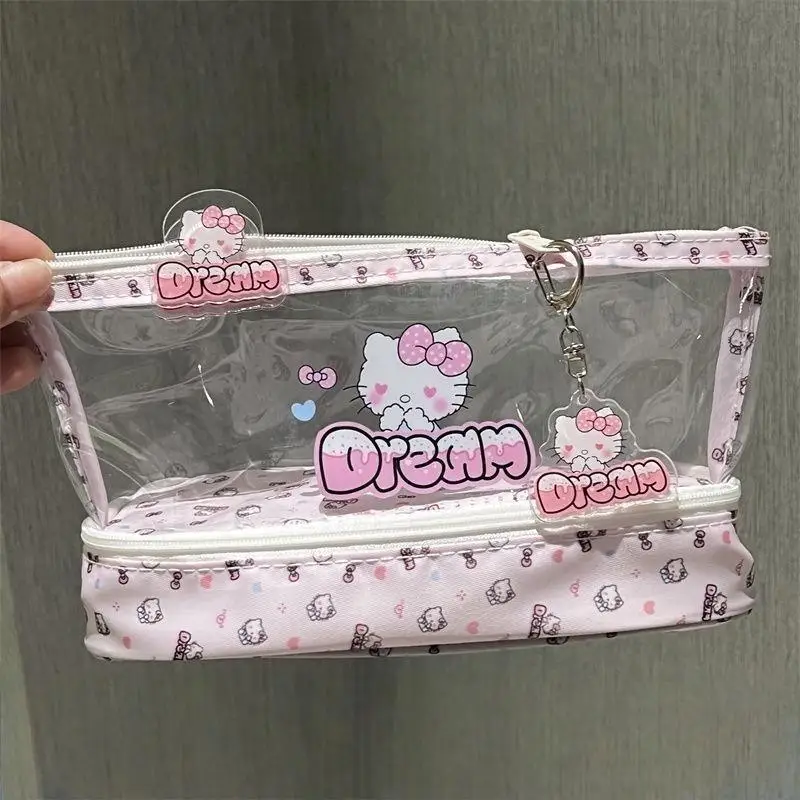 Kawaii مرحبا كيتي طبقات مزدوجة مقلمة الكرتون سعة كبيرة طالب القرطاسية حقيبة أقلام مستحضرات التجميل حقيبة التخزين