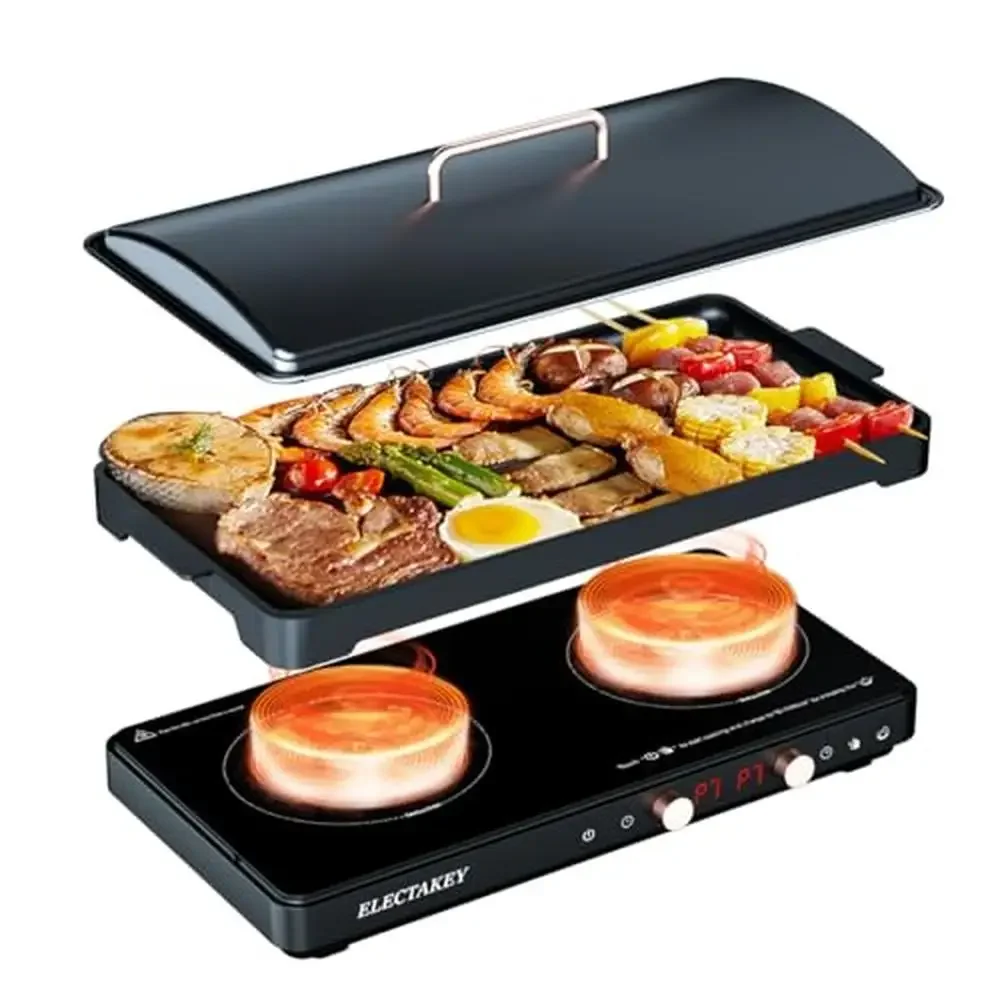 Portable Double Induction Cooktop with Removable Griddle Pan Non-Stick Timer&Digital Control 2 Burner   & Grill