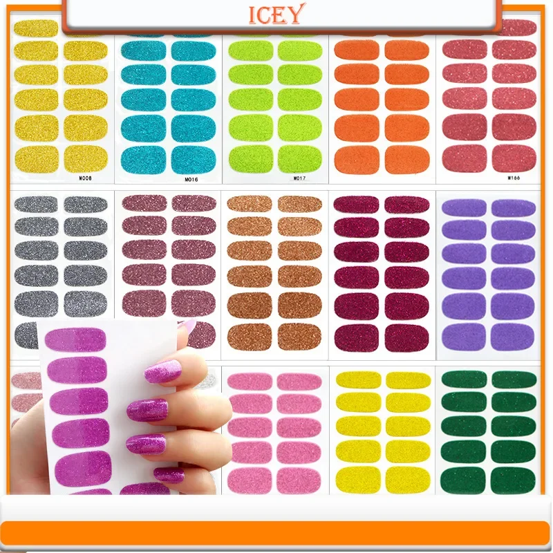 Icey Beauty 1set Pure Flash Nail Sticker Set with Scallion Powder Nail Stickers, Fully Covered with Monochrome Nail Stickers