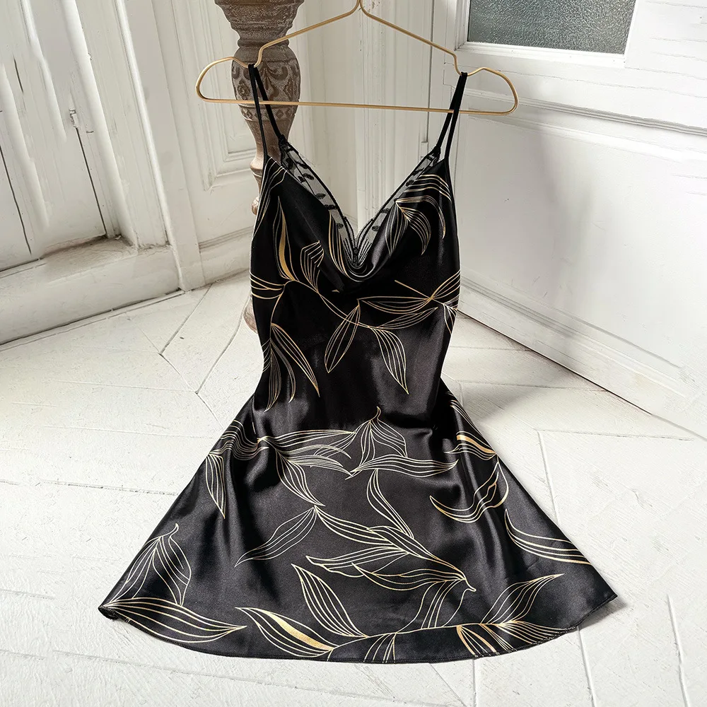 

Spring Summer Imitation Silk Backless Nightdress Sexy Lace Butterfly Decoration Simple Suspender Home Dress Medium Sexy