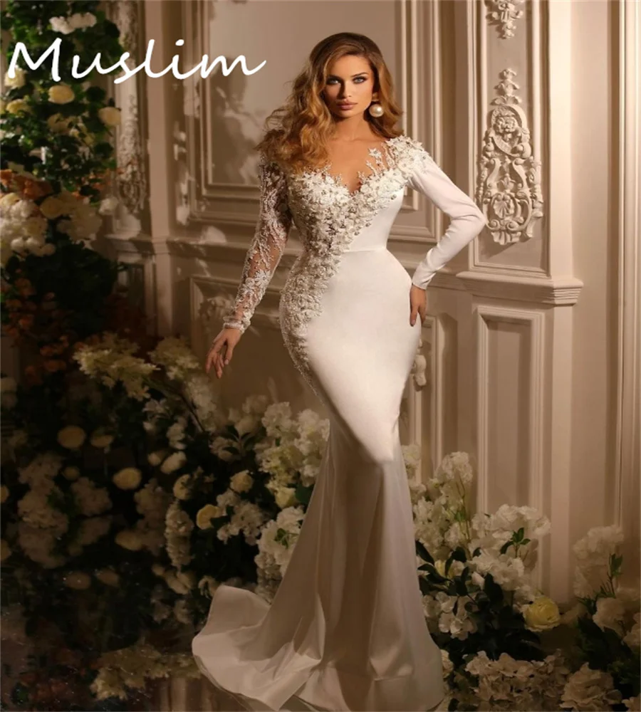 Extravagant Mermaid Wedding Dress With Detachable Train Long Sleeve 2 In 1 Overskirt Flower Beaded Church Bridal Gown Customzied